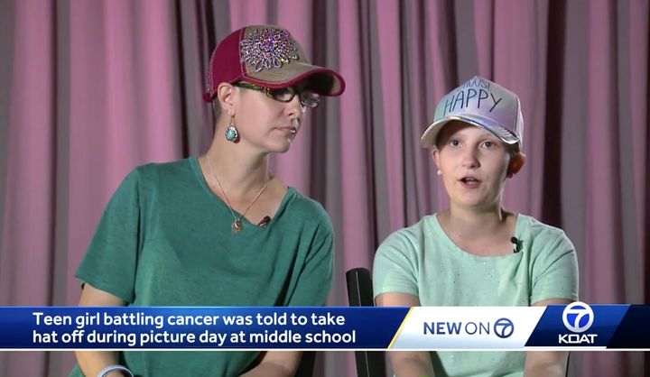 Bella Thurston, right, was wearing a hat because some of her hair has fallen out after recent chemotherapy treatments.