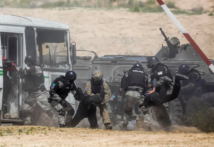 Members of special operations unit practice detaining militants during the Collective Security Treaty Organisation (CSTO) mil