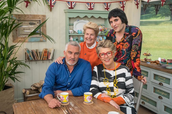 Bake Off presenters Noel Fielding and Sandi Toksvig and judges Paul Hollywood and Prue Leith