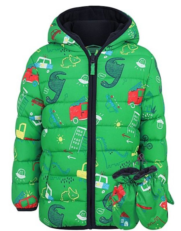 Green car and dinosaurs shower resistant padded coat with mittens, size 1-6 years available, &pound;14, <a href="https://direct.asda.com/george/kids/coats-jackets/green-car-and-dinosaurs-shower-resistant-padded-coat-with-mittens/GEM619441,default,pd.html" target="_blank" rel="noopener noreferrer">George ASDA</a>.&nbsp;