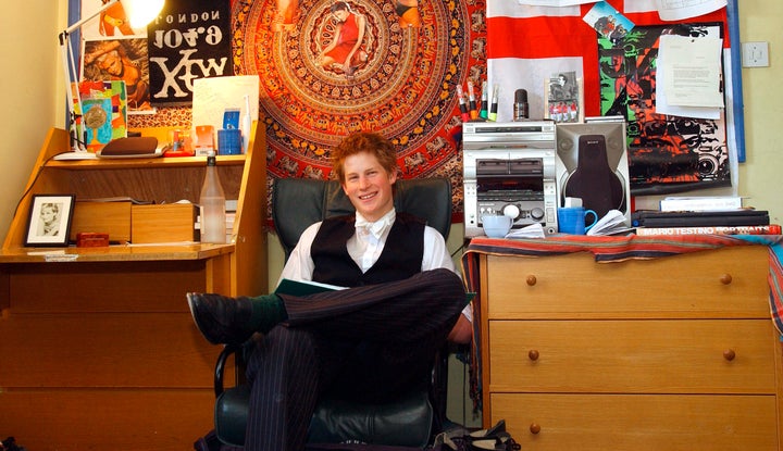 Prince Harry in his dorm room in 2003. The picture of his mother, Princess Diana, sits on the desk to the far left.