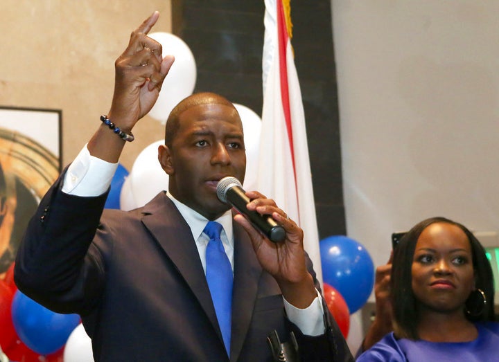 Andrew Gillum addresses his supporters after winning the Democratic primary for Florida governor on Tuesday in Tallahassee. 