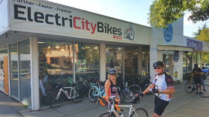 Karen Seibert (left) and Ron Tripp prepare to go for an evening ride on the Capital Crescent Trail in Washington, D.C. They r