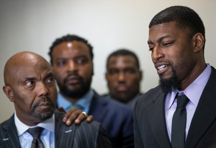 Odell Edwards, father of Jordan Edwards, speaks to members of the media after a Dallas County jury found Roy Oliver, the former Balch Springs police officer who killed 15-year-old Jordan Edwards, guilty of murder August 28, 2018 in Dallas, Texas. (Photo by Ryan Michalesko/The Dallas Morning News via Getty Images)