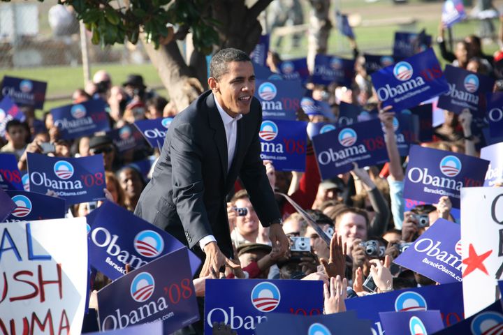 Then-Sen. Barack Obama is seen holding a rally at the Rancho Cienega Sports Complex in Los Angeles in 2007. It was his first official campaign stop in California after launching his presidential bid.