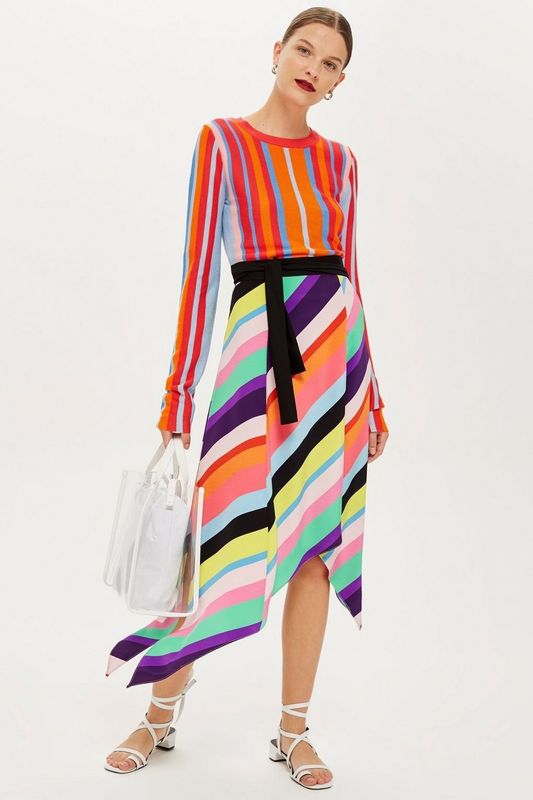 Rainbow Stripe Midi Skirt, £36, sizes 4-12 available, <a href="http://www.topshop.com/en/tsuk/product/rainbow-stripe-midi-skirt-7783978" target="_blank" rel="noopener noreferrer">Topshop</a>.