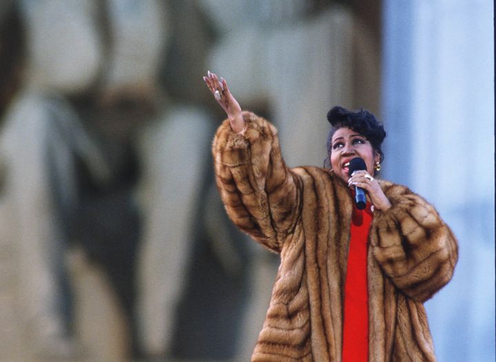 Aretha Franklin sings in front of the Lincoln Memorial on Jan. 17, 1993, days before President Bill Clinton's inauguration.