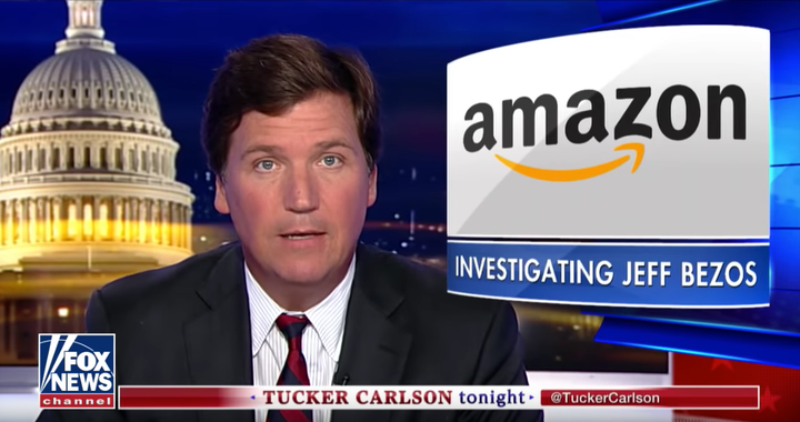 Fox News host Tucker Carlson shakes his fist at Amazon, a company the president also happens to dislike.