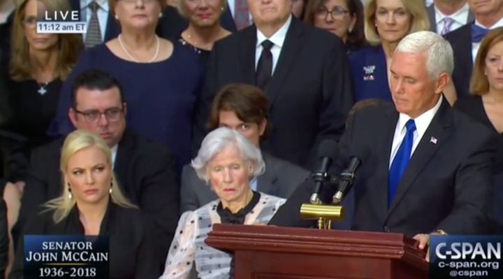 Meghan McCain glares at US Vice President Mike Pence as he speaks as her late father's funeral 