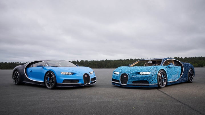 A real Bugatti Chiron (left) next to its Lego imitation (right).