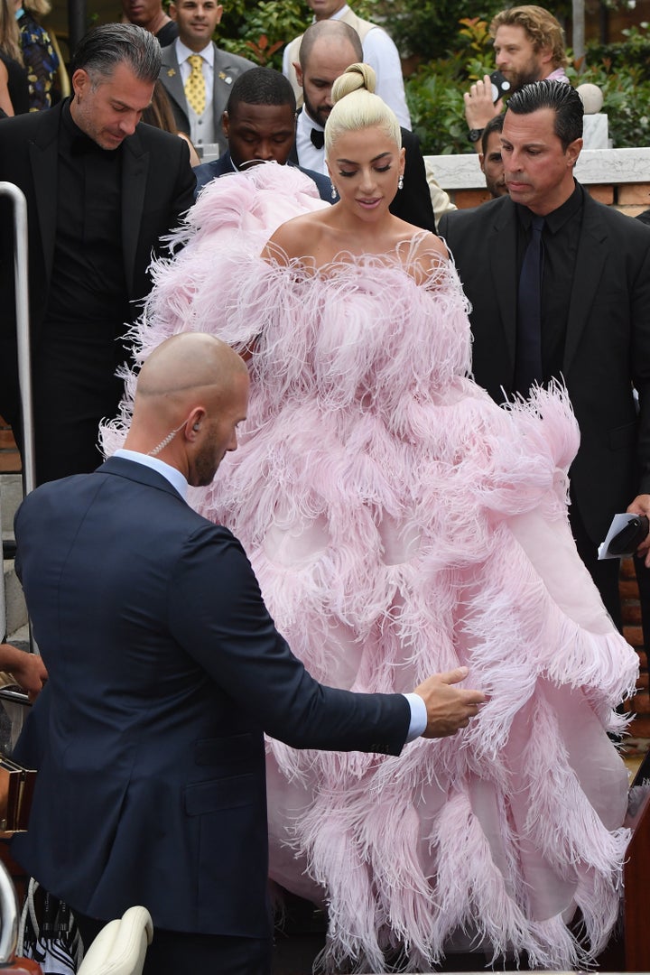 Lady Gaga Wears Pink Feathered Valentino Couture Gown to Venice Film  Festival