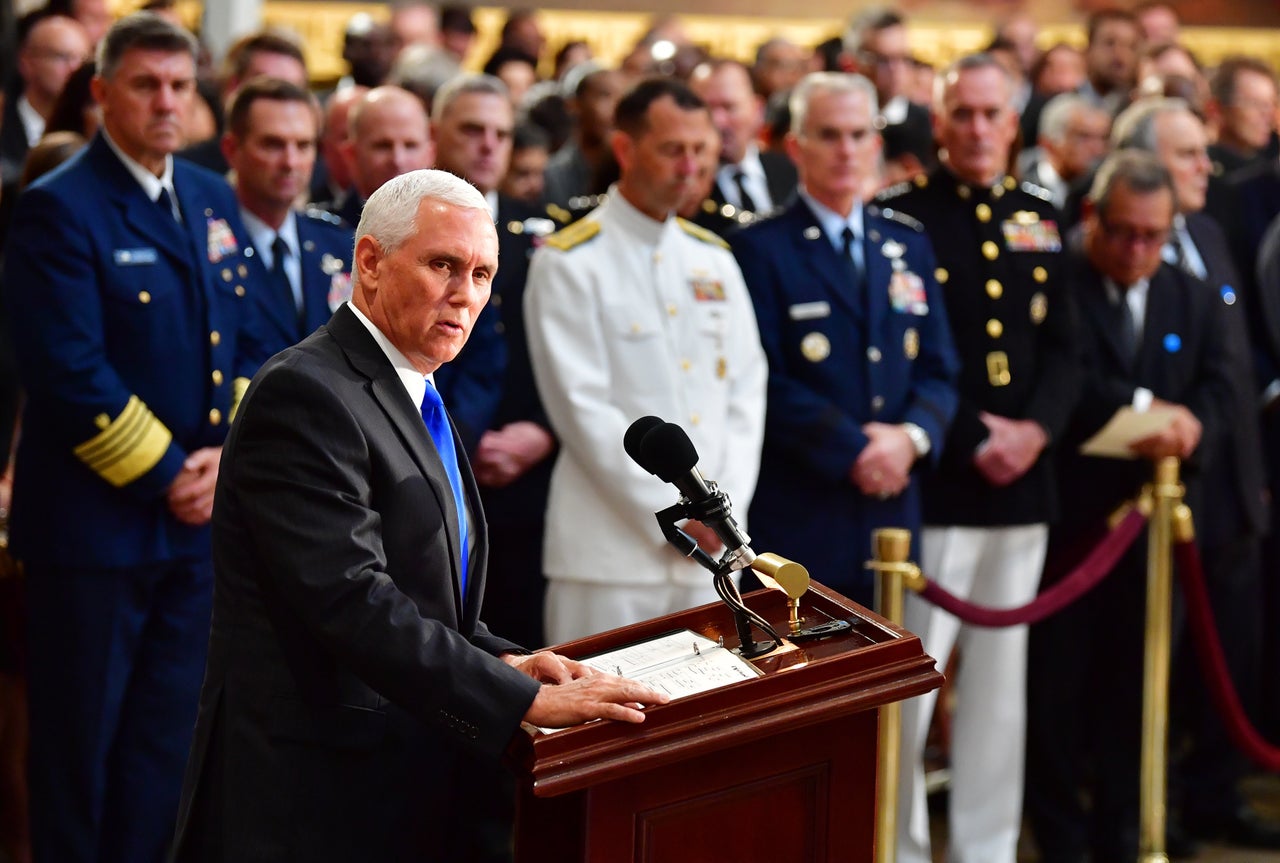 Vice President Mike Pence speaks as the former senator lies in state in the Capitol rotunda.