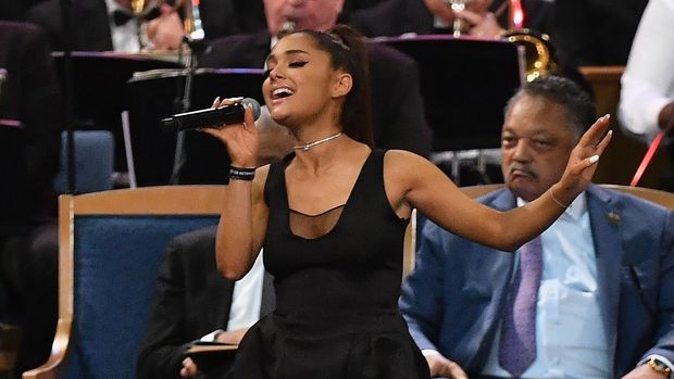 Ariana Grande performs during Aretha Franklin's funeral at Greater Grace Temple on August 31, 2018 in Detroit, Michigan. (Photo by Angela Weiss / AFP)        (Photo credit should read ANGELA WEISS/AFP/Getty Images)
