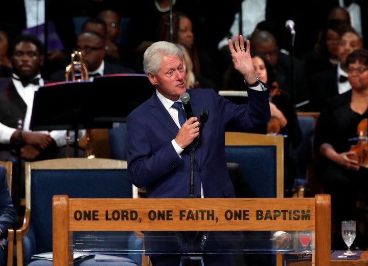 Former President Bill Clinton speaks at the funeral service for the late singer Aretha Franklin at the Greater Grace Temple in Detroit on Aug. 31. 