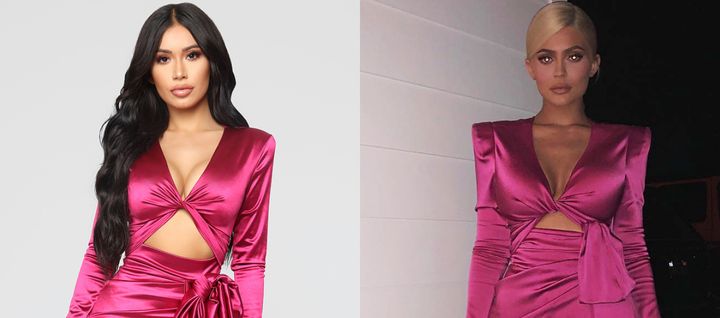 Right after Kylie Jenner (right) shared photos from her 21st birthday celebration, Fashion Nova launched a collection of copycat garments, including the dress on the left. Jenner's was by Peter Dundas.