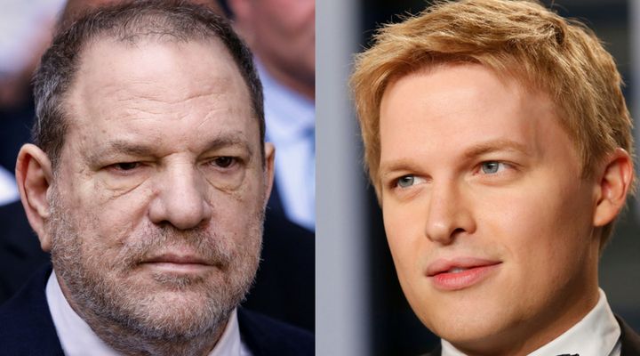 NBC is still furiously denying reports that top executives actively quashed Ronan Farrow’s (R) explosive story on Harvey Weinstein (L).