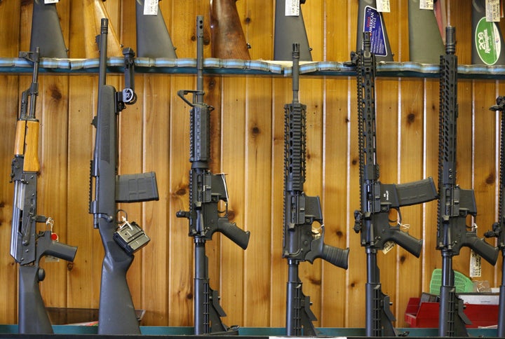 Semi-automatic AR-15 rifles for sale at Good Guys Guns & Range on Feb. 15, 2018, in Orem, Utah.