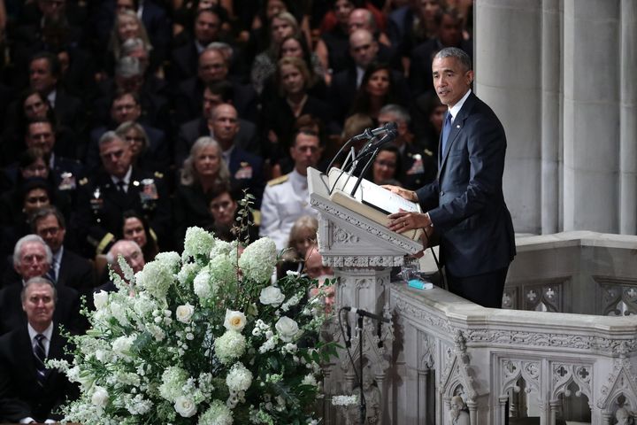 Former President Barack Obama speaks at the memorial service of Sen. John McCain (R-Ariz.) at the National Cathedral in Washington, D.C., on Saturday.