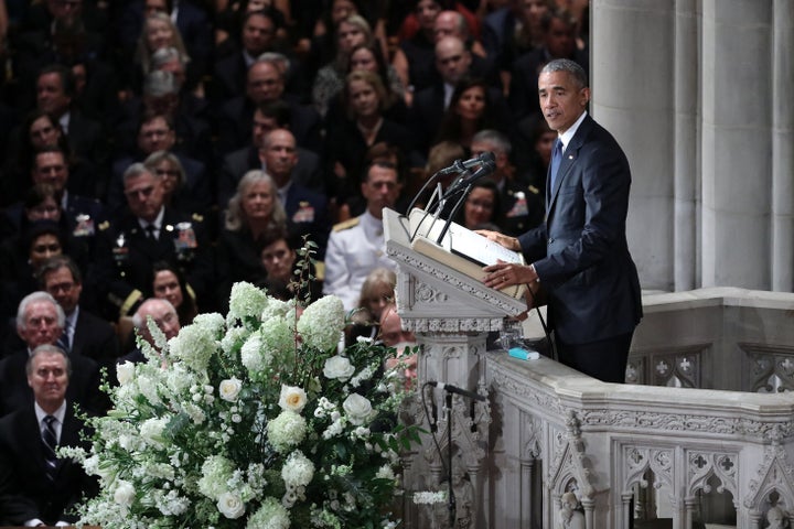 Former President Barack Obama speaks at the memorial service of Sen. John McCain (R-Ariz.) at the National Cathedral in Washi