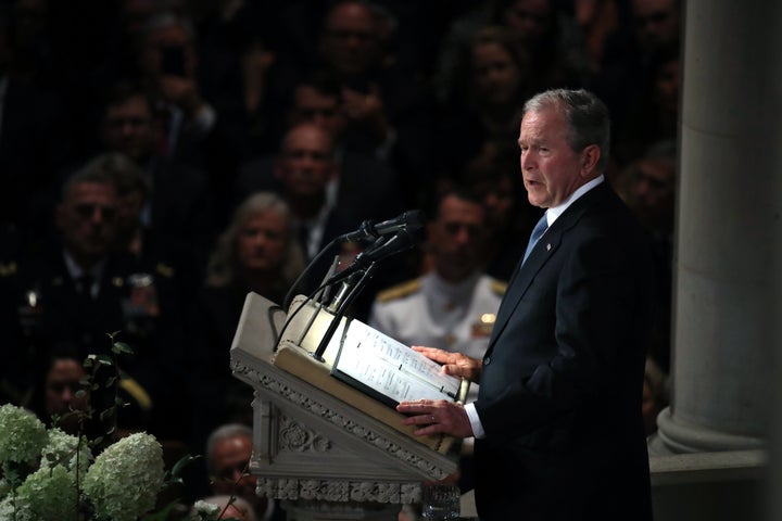 Former President George W. Bush speaks during a memorial service for Sen. John McCain at the National Cathedral in Washington on Saturday.