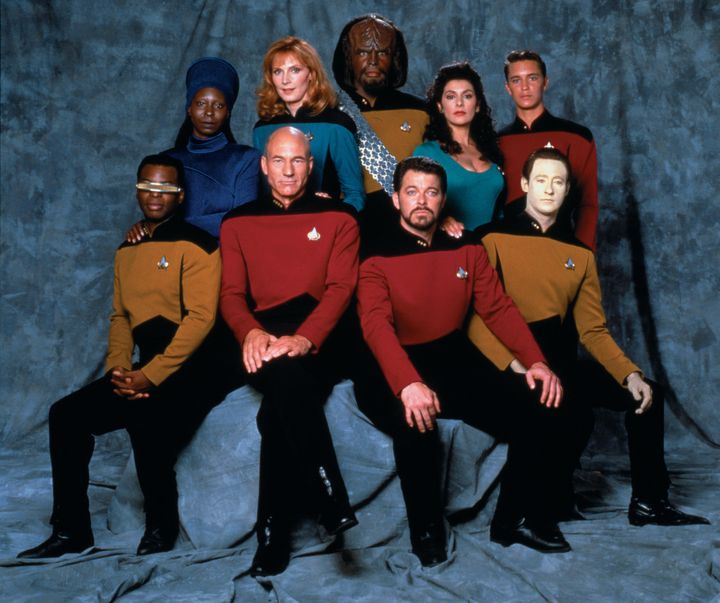 The "Star Trek: The Next Generation" cast. From left, front row: LeVar Burton (Lieutenant Commander Geordi La Forge), Patrick Stewart (Captain Jean-Luc Picard), Jonathan Frakes (Commander William T. Riker) and Brent Spiner (Lieutenant Commander Data). From left, back row: Whoopi Goldberg (Guinan), Gates McFadden (Doctor Beverly Crusher), Michael Dorn (Lieutenant Worf), Marina Sirtis (Commander Deanna Troi) and Wil Wheaton (Wesley Crusher).