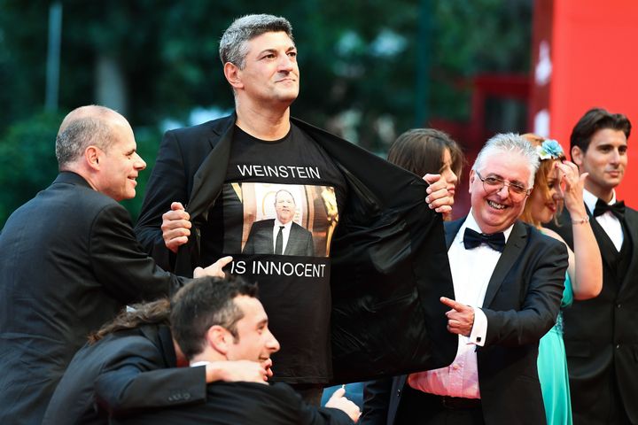 The Italian director Luciano Silighini Garagnani wore a T-shirt in support of Harvey Weinstein on the Venice Film Festival red carpet this weekend.
