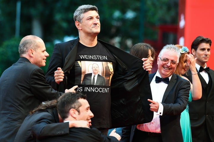 The Italian director Luciano Silighini Garagnani wore a T-shirt in support of Harvey Weinstein on the Venice Film Festival red carpet this weekend.