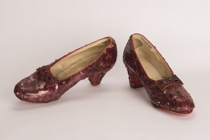 A pair of ruby red slippers worn by Judy Garland in