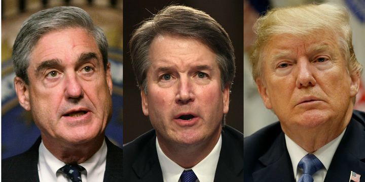 If Brett Kavanaugh (center) is confirmed to the Supreme Court and if President Donald Trump (right) responds to a potential barrage of congressional subpoenas in the next Congress by making good on his threat to fire special counsel Robert Mueller (left), the new justice could be put in a very tough situation.