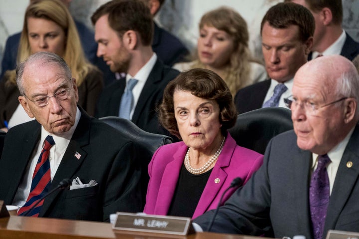 From left: Senate Judiciary Committee Chairman Chuck Grassley (R-Iowa), Sen. Dianne Feinstein (D-Calif.) and Sen. Patrick Leahy (D-Vt.) deliver opening statements during Kavanaugh's confirmation hearing Tuesday.