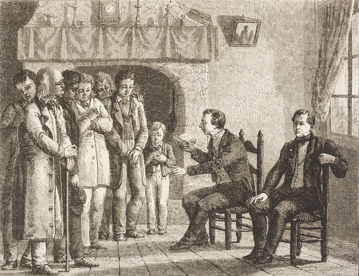 Joseph Smith reads the Book of Mormon to his followers in this 1869 sketch.