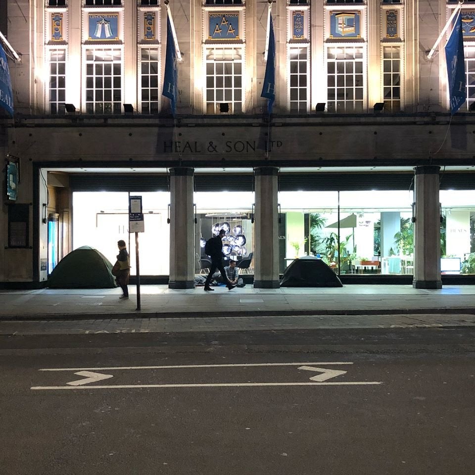 Tents outside the Heals store in Tottenham Court Road in May this year