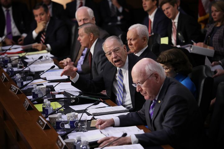 Senate Judiciary Committee Chairman Chuck Grassley (R-Iowa) shouts at Leahy as he questioned the lack of disclosure of Kavanaugh's documents.