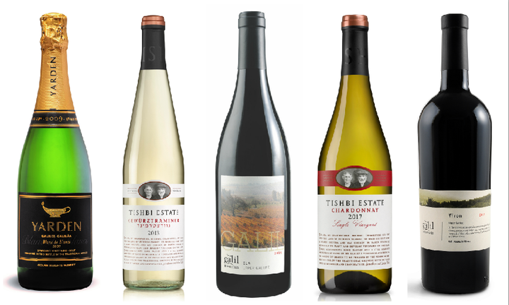 Left to right: Golan Heights Winery, Yarden Blanc de Blancs, 2009; Tishbi Estate, Gewurztraminer, 2016; Galil Mountain, ELA, 2014; Tishbi Estate, Chardonnay, 2017; Galil Mountain, Yiron, 2014