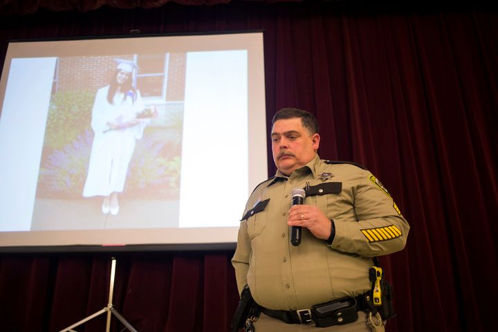 Matt Baker talks to students at Spruce Mountain High School about the drug overdose death of his daughter Ronni and the dangers of opiate use. Deaths of women from prescription opioids increased more than 400 percent between 1999 and 2010.