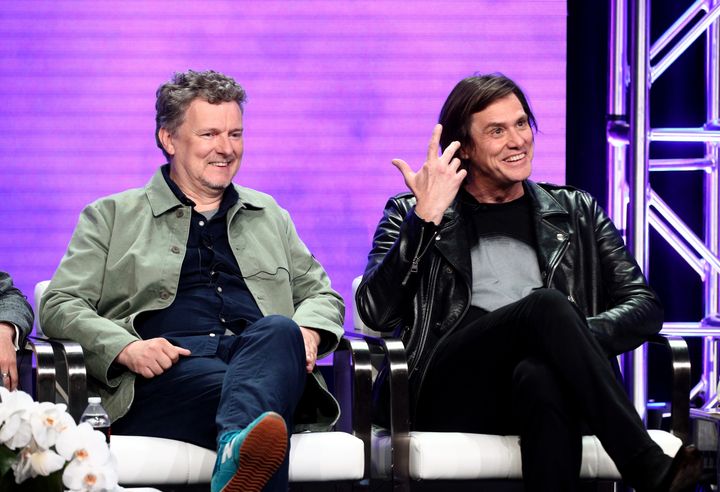 Director Michel Gondry and actor Jim Carrey at a press conference for 
