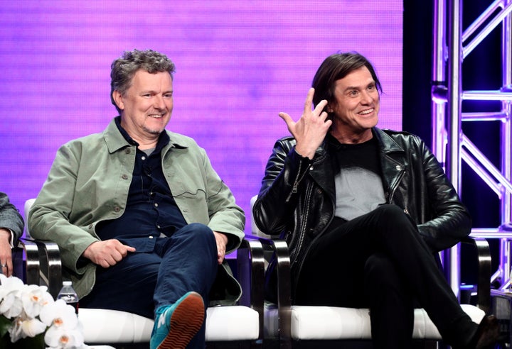 Director Michel Gondry and actor Jim Carrey at a press conference for 