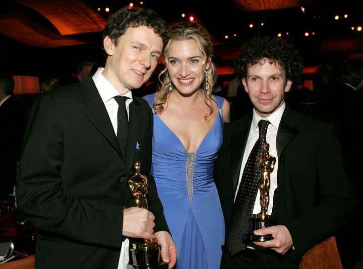 Michel Gondry, Kate Winslet and Charlie Kaufman after the 2005 Oscars, where Gondry and Kaufman won Best Original Screenplay for "Eternal Sunshine of the Spotless Mind."