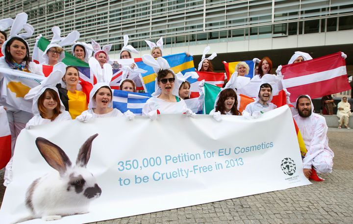 Demonstrators in Brussels in 2012 at the EU Commission headquarters advocating a ban on animal testing on cosmetics. The European Union announced a ban on the import and sale of animal tested cosmetics in 2013.