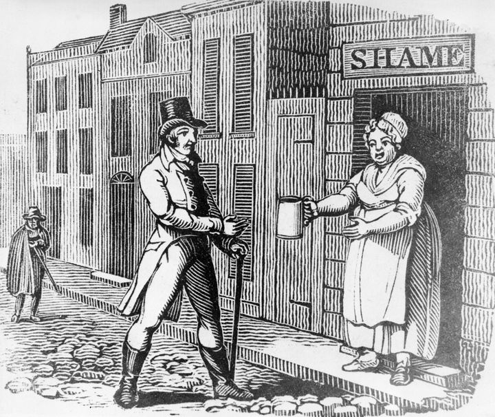 Circa 1810: A woman proffers a jug of ale to a man in the street from her "house of shame," in an allegorical woodcut.