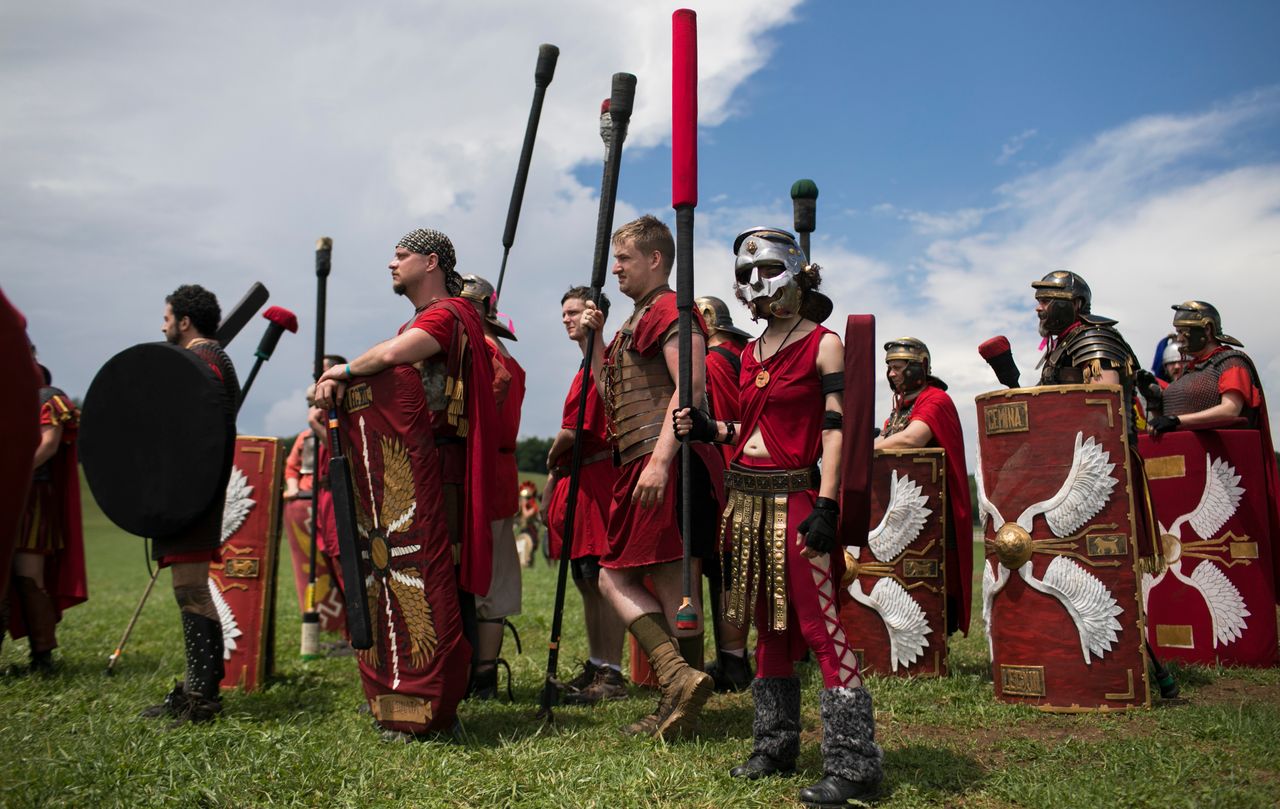 People prepare to battle at Ragnarok, an annual live action role-playing battle in Slippery Rock, Pennsylvania, on June 23, 2018.