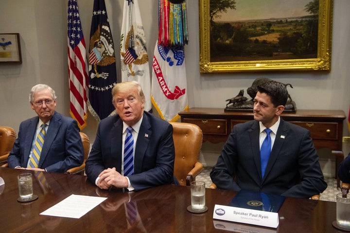 President Donald Trump speaks to the press with Senate Majority Leader Mitch McConnell (left) and House Speaker Paul Ryan (right) at the White House on Sept. 5.