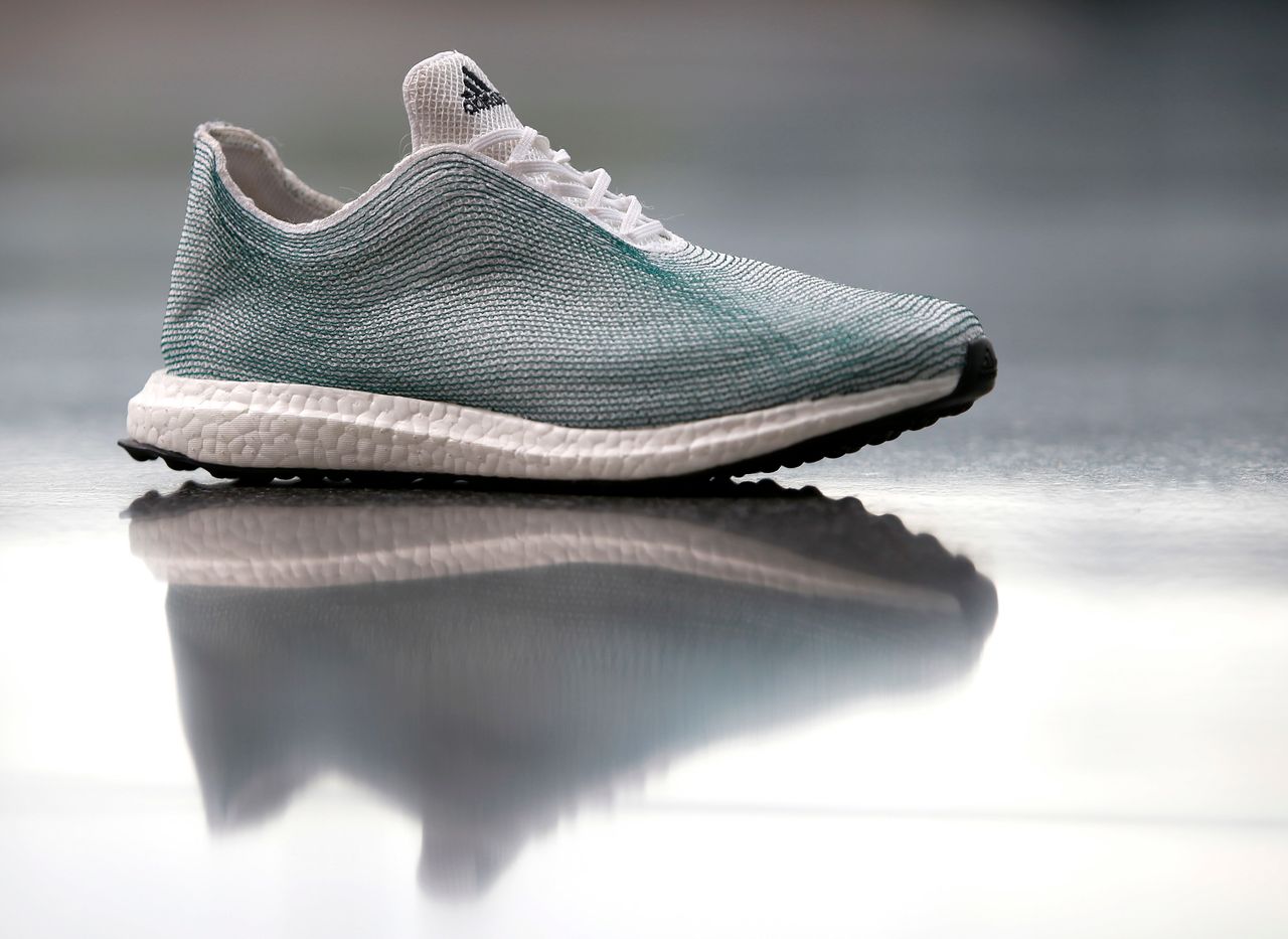 An Adidas shoe made from recycled ocean plastic.