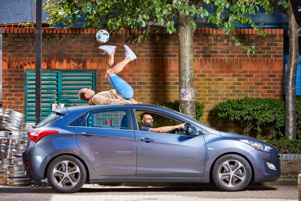 Ash Randall of Cardiff, U.K., managed to control a soccer ball with his feet while on a moving car for 93 seconds.