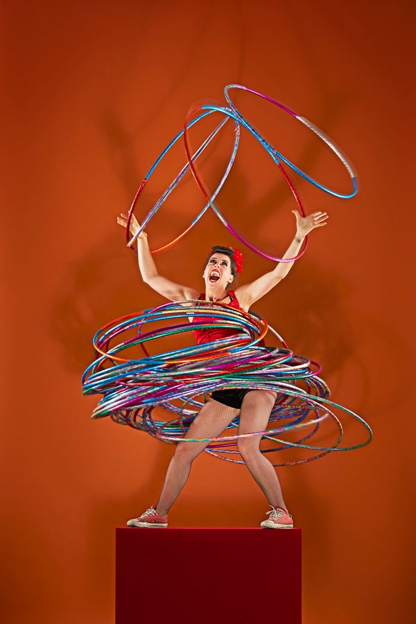 Germany's Dunja Kuhn is able to spin 59 hula-hoops at the same time on different parts of her body.