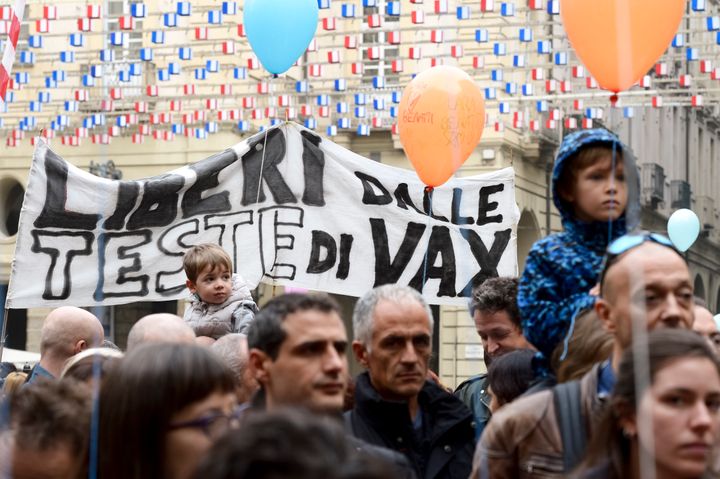 A rally against mandatatory vaccines in Turin, Italy in 2017. 