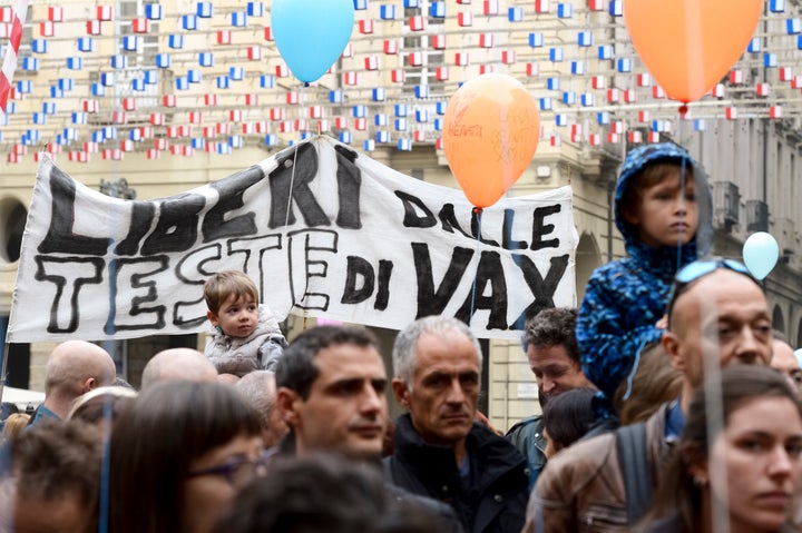 A rally against mandatatory vaccines in Turin, Italy in 2017. 