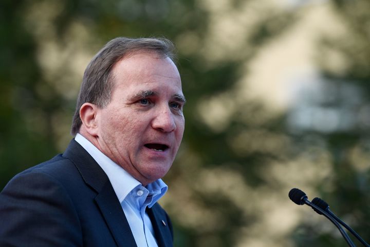 Swedish Prime Minister Stefan Löfven addresses an election campaign rally attended by Spain's prime minister in Enkoping, Sweden, on Sept. 5, 2018.