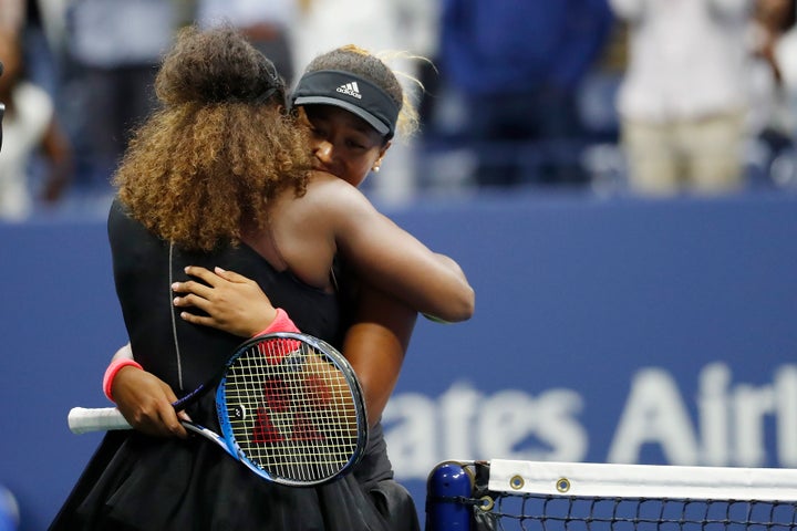 Naomi Osaka of Japan (R) hugs Serena Williams after their match in the women's final on Day 13 of the 2018 U.S. Open tennis tournament in Queens, New York, Sept. 8.