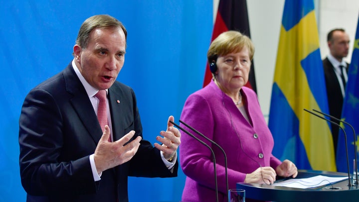 German Chancellor Angela Merkel and Sweden's Prime Minister Stefan Löfven give a joint press conference on March 16, 2018 in Berlin.